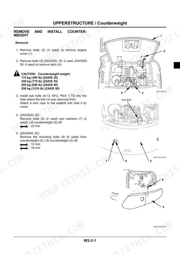Hitachi Zaxis 30, 35, 40, 50 counterweight removal and installation procedure with diagrams and bolt specs.