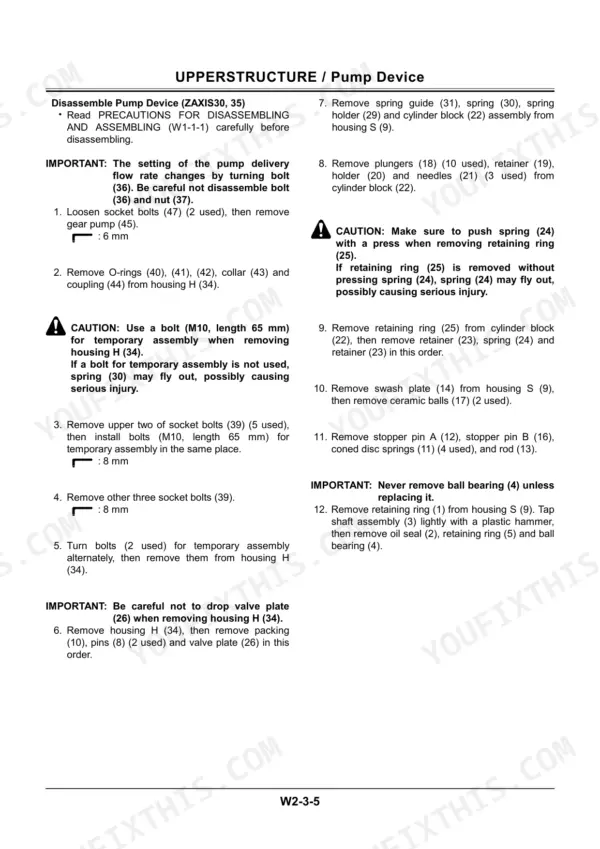 Hitachi Zaxis 30, 35, 40, 50 pump device disassembly procedure steps for upperstructure hydraulic pump.