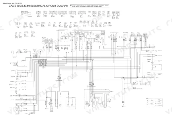 Hitachi Zaxis 30, 35, 40, 50 electrical circuit diagram showing connector locations and wiring schematics.