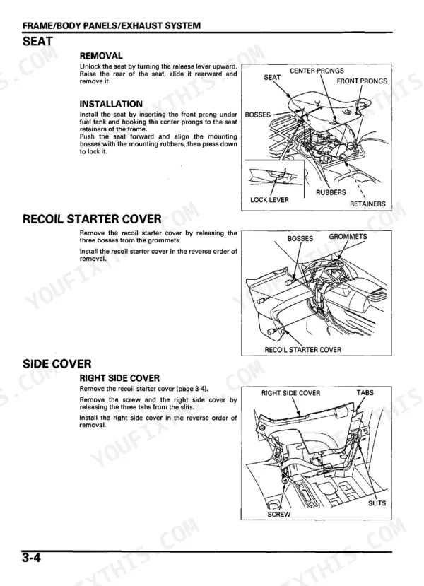 Honda TRX500FE, TRX500FM, TRX500TM removal and installation procedures for seat, recoil starter cover, and right side cover.