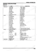 honda-trx500fe-trx500fm-trx500tm-atv-service-manual-specs-7.webp Honda TRX500FE, TRX500FM, TRX500TM general specifications table for dimensions, frame, engine, and carburetor components.