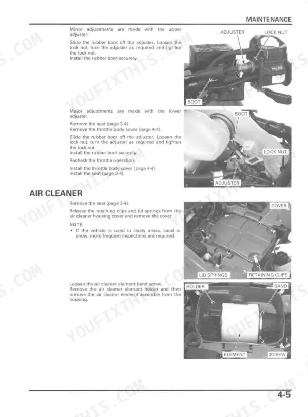 Honda TRX680FA, TRX680FGA maintenance procedures for throttle cable adjustment and air cleaner element removal.