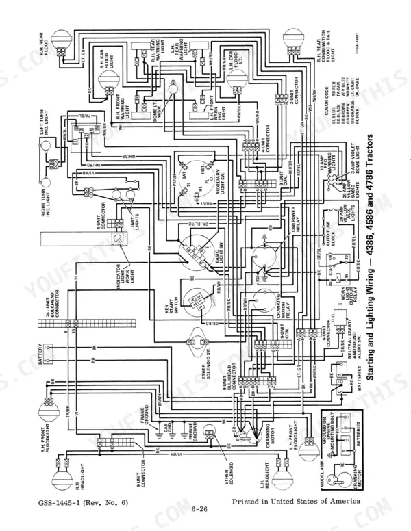 International Harvester 4366, 4386, 4568, 4586, 4786 starting and lighting wiring diagram showing relays, fuses, and switches.