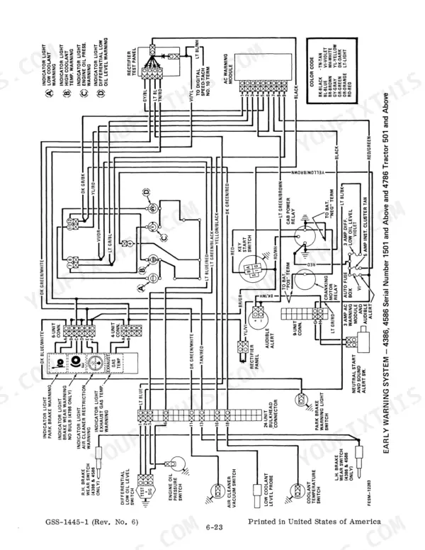 International Harvester 4366, 4386, 4568, 4586, 4786 early warning system wiring diagram showing indicator lights and relays.
