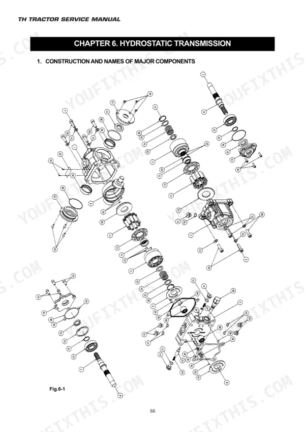 iseki-th4260-th4290-th4330-tractor-service-manual-page-67.webp Iseki TH4330, TH4290, TH4260 hydrostatic transmission exploded view showing major component construction and numbered parts.