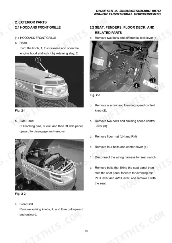 Iseki TH4330, TH4290, TH4260 service manual procedures for removing the hood, front grille, seat, fenders, and floor deck.