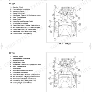 Iseki TXG23 instruments and controls diagram for E4 and E6 types, showing numbered operator lever and pedal locations.