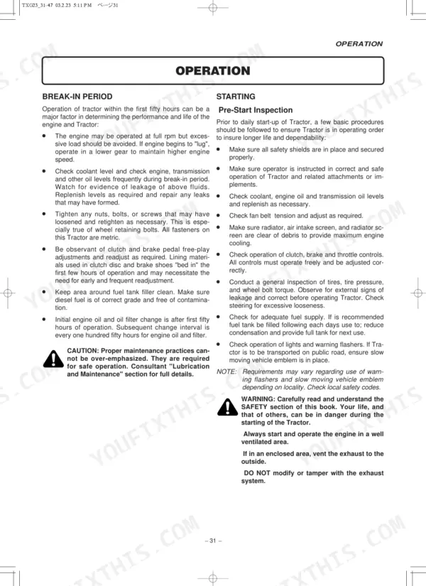 Iseki TXG23 operator manual page 31 covering break-in period procedures and pre-start inspection safety checklists.