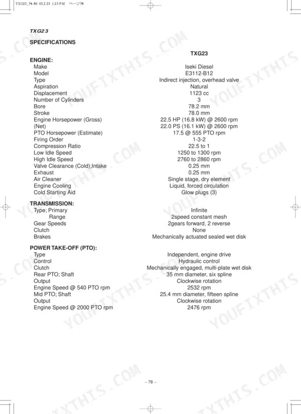 Iseki TXG23 tractor specifications table for engine, transmission, and power take-off (PTO) systems.