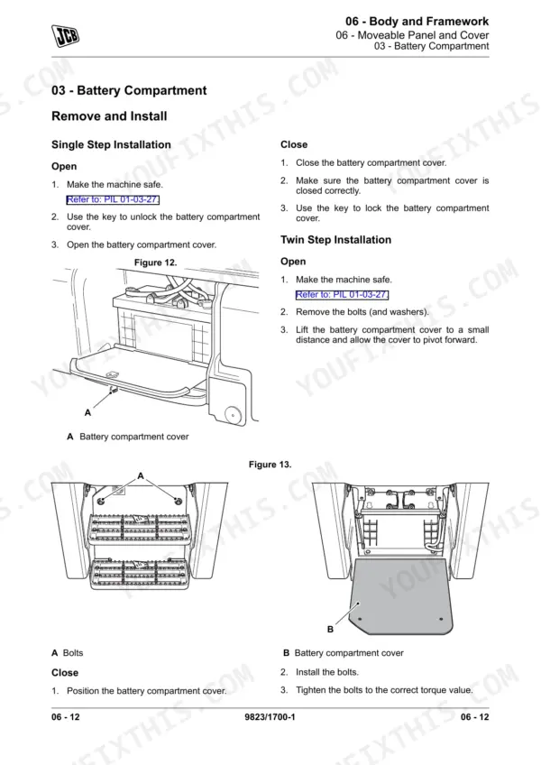 JCB 506-36 to 512-56 Loadall Service Manual - battery compartment cover removal and installation steps