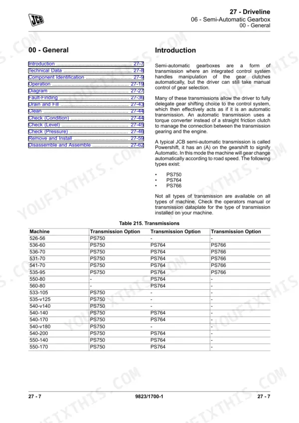 JCB 506-36 to 512-56 Loadall Service Manual - semi-automatic gearbox section contents and introduction