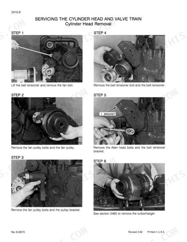 Ji Case 1800 service manual: steps for cylinder head removal, including fan belt, pulley, tensioner, and bracket removal procedures.
