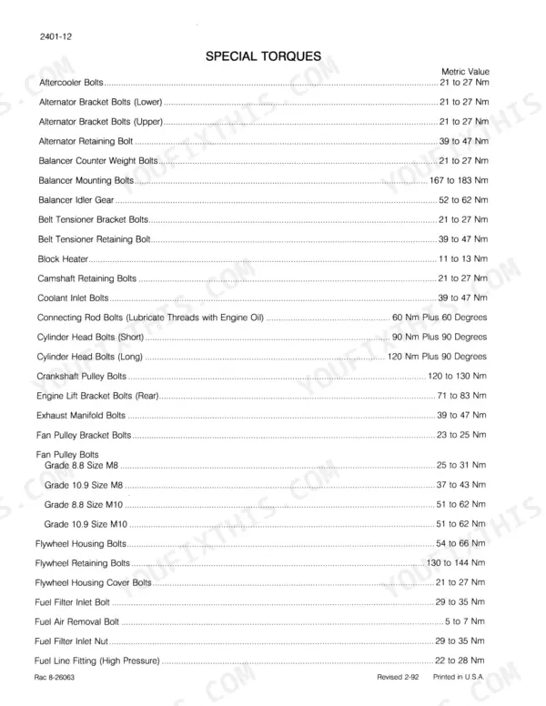 Ji Case 1800 service manual table listing special torque specifications for engine components like cylinder head and flywheel bolts.