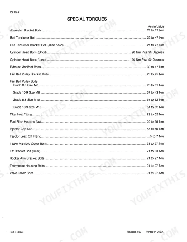 Ji Case 1800 service manual table listing special torque specifications for engine components, bolts, and nuts in Newton meters.