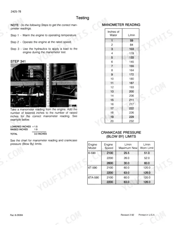 Ji Case 1800 engine manometer testing procedure, manometer reading table, and crankcase pressure blow-by limits table.