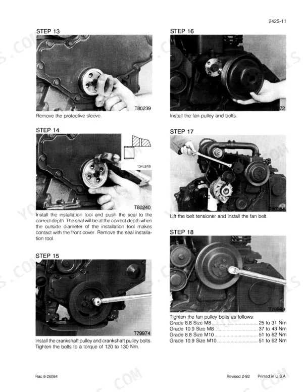 Ji Case 1800 engine service manual steps for installing crankshaft seal, fan pulley, belt tensioner, and torque specifications.