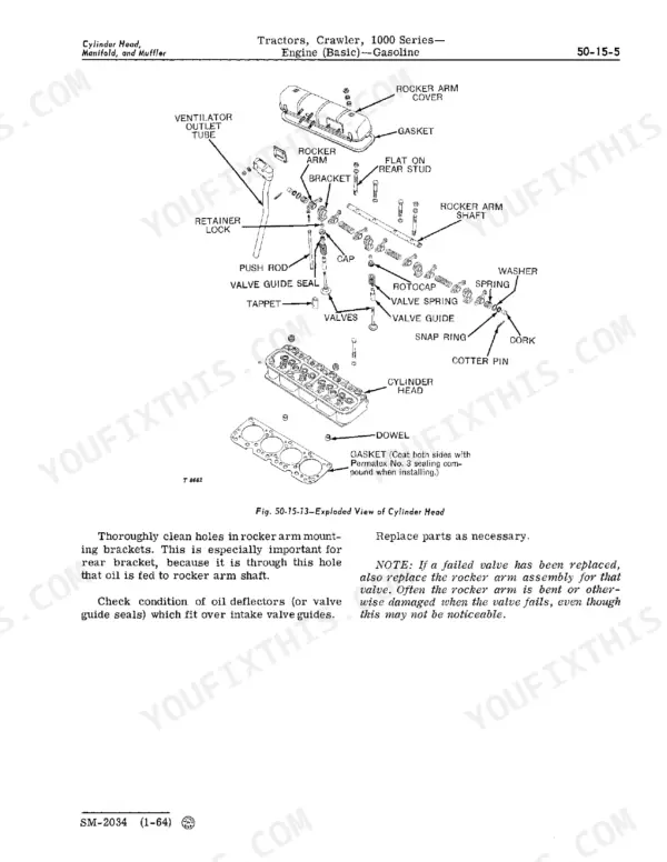 john-deere-1010-crawler-tractor-service-manual-sm2034-exploded-view-61.webp John Deere 1010, 1000 exploded view diagram of gasoline engine cylinder head, rocker arm assembly, valves, and gaskets.