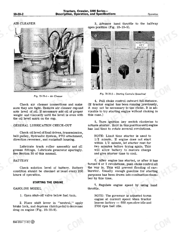 John Deere 1010, 1000 service manual page showing air cleaner maintenance, starting procedures, and gasoline engine controls.