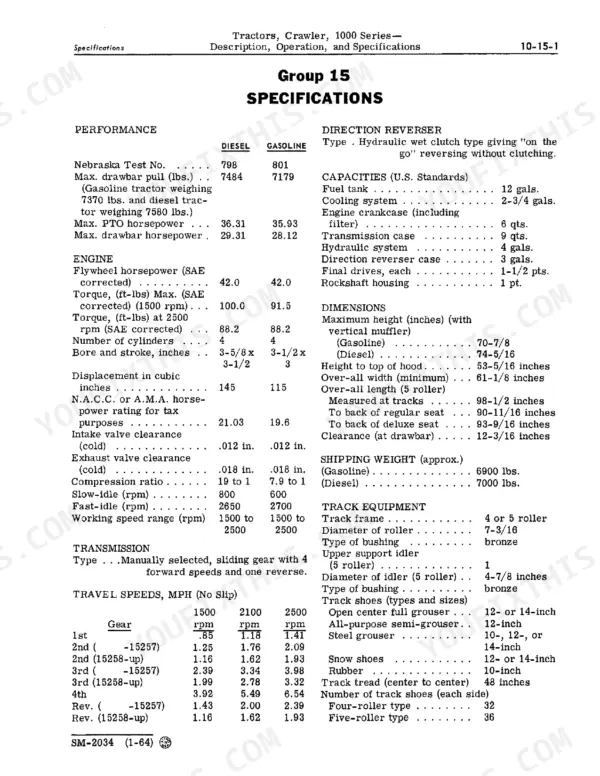 John Deere 1010, 1000 service manual page showing engine, transmission, and track equipment specifications table.