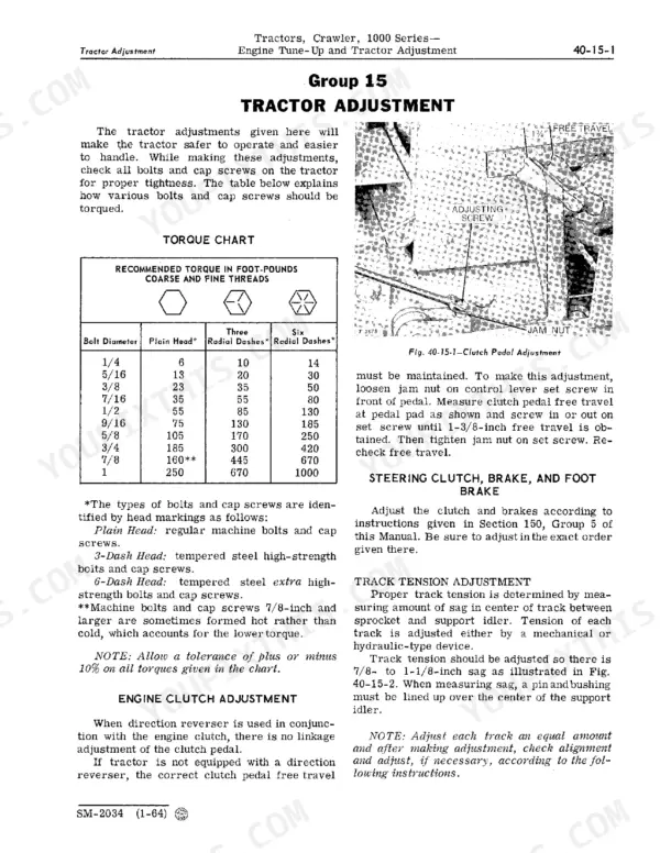 John Deere 1010, 1000 tractor torque chart, clutch pedal adjustment diagram, and track tension adjustment procedures.