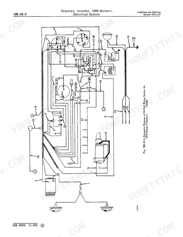 John Deere 1010, 1000 electrical system schematic diagram showing 24-volt wiring for diesel tractor lighting and starting.