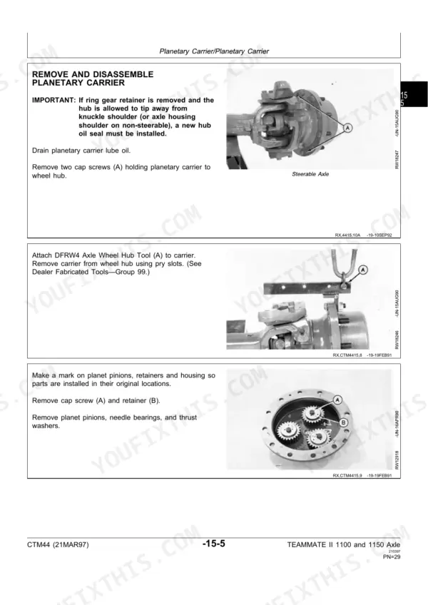 John Deere 1100, 1150, TEAMMATE II 2561R procedures for removing and disassembling the planetary carrier and wheel hub.