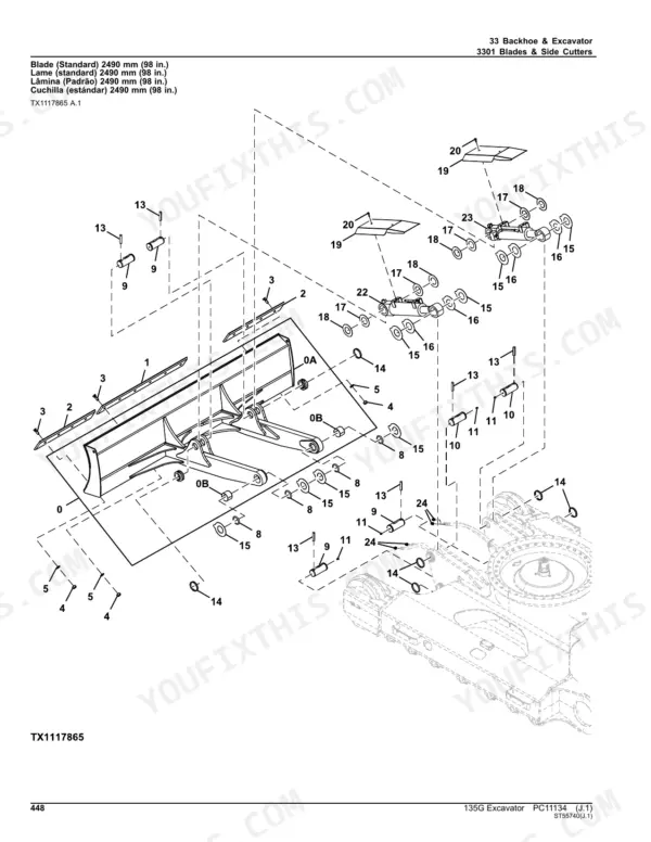John Deere 135G exploded view diagram of the 2490mm standard blade assembly, including pins, bushings, and mounting hardware.