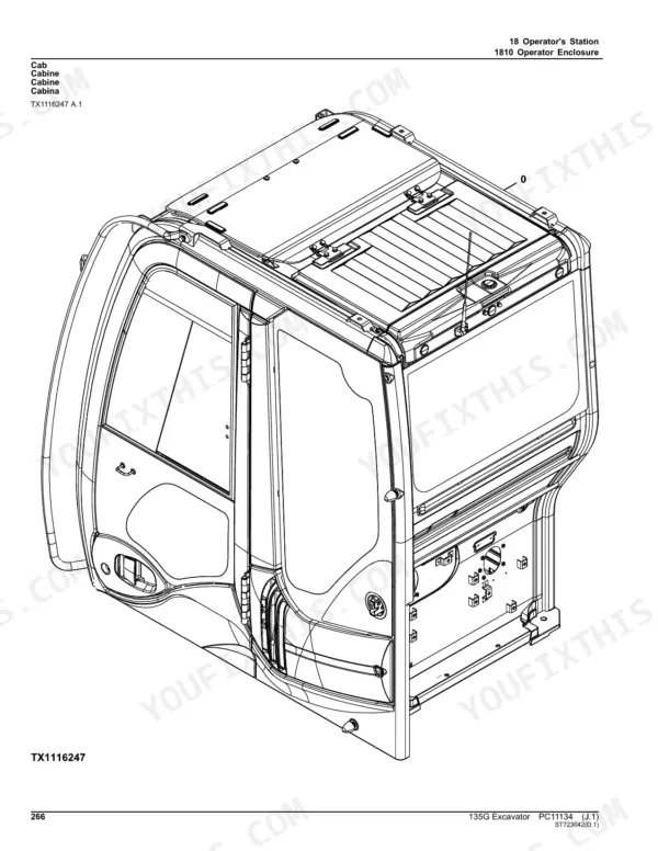 John Deere 135G excavator operator station cab enclosure exploded view diagram showing roof and frame structure.