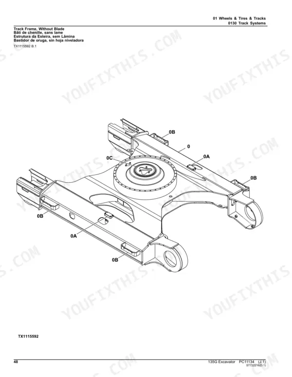 John Deere 135G exploded view diagram of the track frame without blade, showing swing bearing and mounting points.