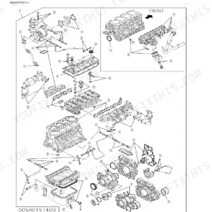 John Deere 135G engine gasket kit exploded view showing cylinder block, oil pan, and engine component seals.