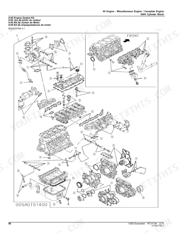 john-deere-135g-excavator-parts-catalog-pc11134-engine-parts-86.webp John Deere 135G engine gasket kit exploded view showing cylinder block, oil pan, and engine component seals.