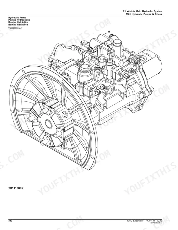 John Deere 135G hydraulic pump assembly diagram showing main pump and drive components for the vehicle hydraulic system.