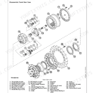 John Deere 135G exploded view of travel gear case, axle shaft, bearings, and reduction gears with numbered component parts list.