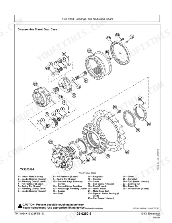 john-deere-135g-excavator-repair-manual-tm14054x19-exploded-view-91.webp John Deere 135G exploded view of travel gear case, axle shaft, bearings, and reduction gears with numbered component parts list.