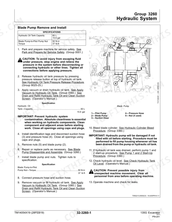 John Deere 135G hydraulic system manual page showing blade pump removal and installation procedures, torque specs, and component diagram.