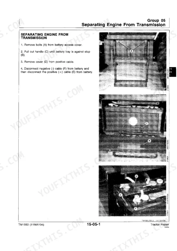 John Deere 2000, 2100, 2200, 2300, 2400 procedure for separating engine from transmission by disconnecting battery cables.