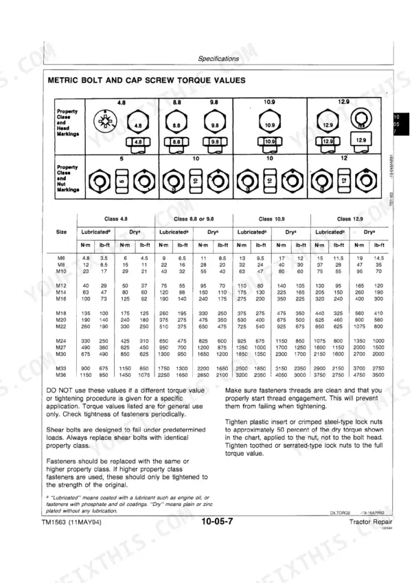 John Deere 2000, 2100, 2200, 2300, 2400 metric bolt and cap screw torque values table with head markings and property classes.
