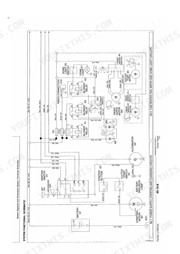 john-deere-2000-variants-tractor-technical-manual-tm1563-wiring-215.webp John Deere 2000, 2100, 2200, 2300, 2400 wiring schematic for cab heater fan, wiper, dome light, and charging circuits.