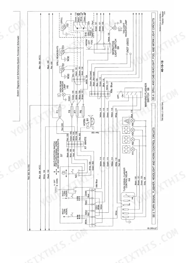 John Deere 2000, 2100, 2200, 2300, 2400 wiring diagram for turn signals, flasher, headlights, horn, and work light circuits.