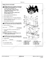 john-deere-200d-200dlc-excavator-technical-manual-tm10076-procedures-564.webp John Deere 200D, 200DLC battery removal and installation procedure with exploded view diagram of battery support and cables.