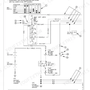 John Deere 200D, 200DLC electrical schematic showing key switch positions, battery relay, and fusible links.