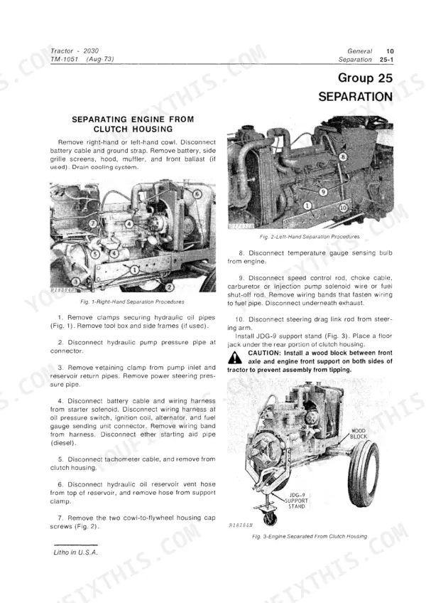 John Deere 2030 service manual page showing procedures for separating the engine from the clutch housing with component diagrams.