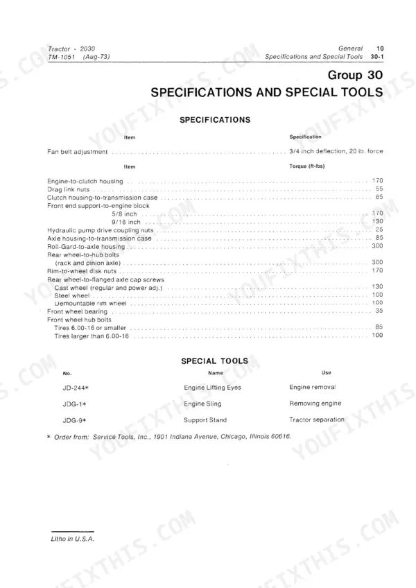 John Deere 2030 technical manual page showing torque specifications for engine, axle, and wheel components plus special tools list.