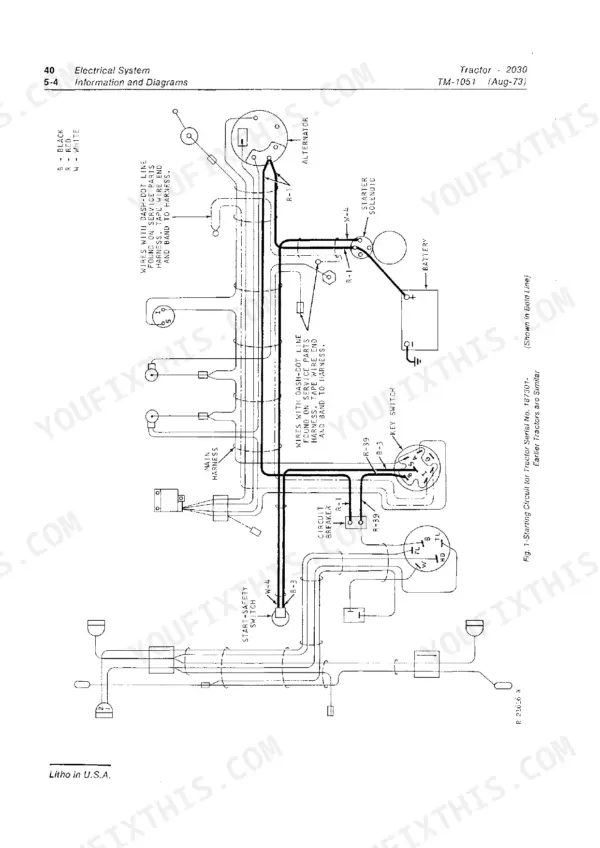 john-deere-2030-tractor-technical-manual-tm-1051-wiring-124.webp John Deere 2030 tractor electrical system wiring diagram showing starting circuit, battery, alternator, and key switch.