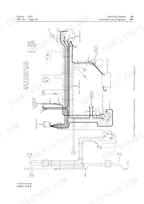 John Deere 2030 tractor charging circuit wiring diagram showing alternator, battery, starter solenoid, and key switch connections.
