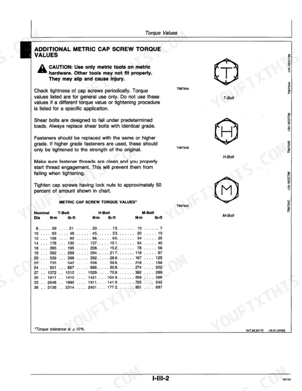 John Deere 210C, 310C, 315C metric cap screw torque values table for T-Bolt, H-Bolt, and M-Bolt fasteners with head markings.