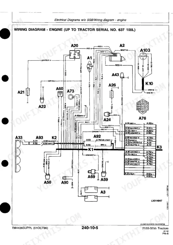 John Deere 2155, 2355, 2355N, 2555, 2755, 2855N, 2955, 3155, 3255 engine wiring diagram for tractor serial numbers up to 637 100L.
