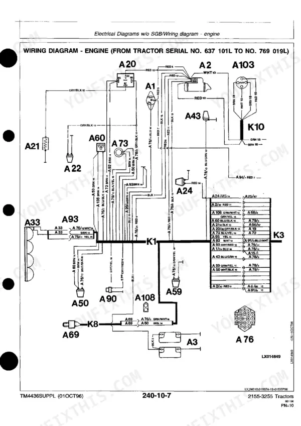 John Deere 2155, 2355, 2355N, 2555, 2755, 2855N, 2955, 3155, 3255 engine wiring diagram for serial numbers 637101L to 769019L.
