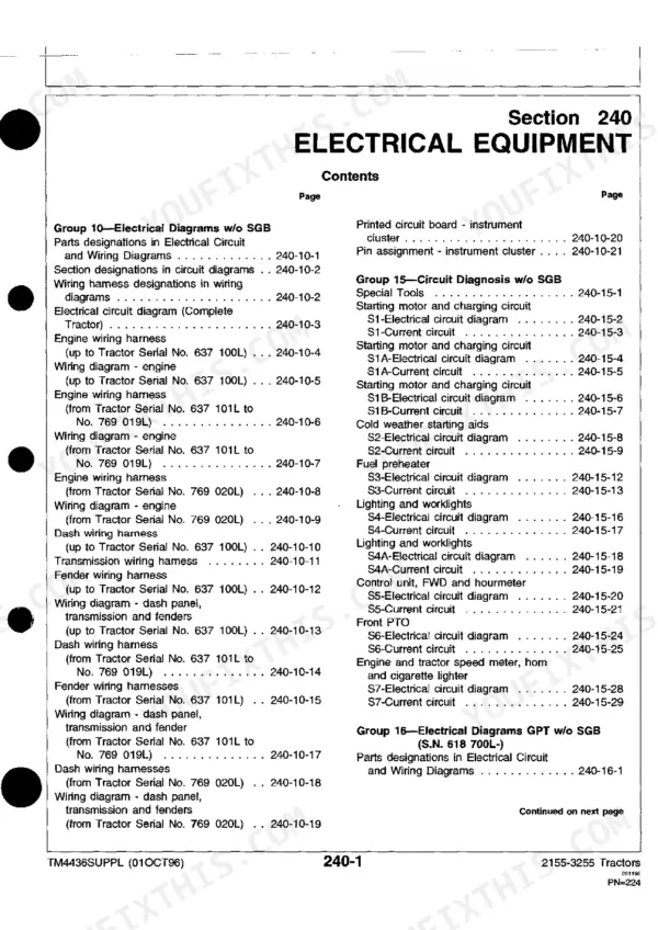 john-deere-2155-variants-tractor-technical-manual-tm4436suppl-wiring-5.webp John Deere 2155, 2355, 2355N, 2555, 2755, 2855N, 2955, 3155, 3255 electrical equipment section 240 table of contents page.