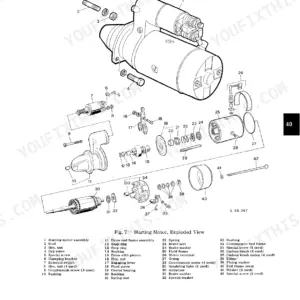 John Deere 2240 exploded view diagram of the starting motor assembly with numbered parts list for electrical system repair.